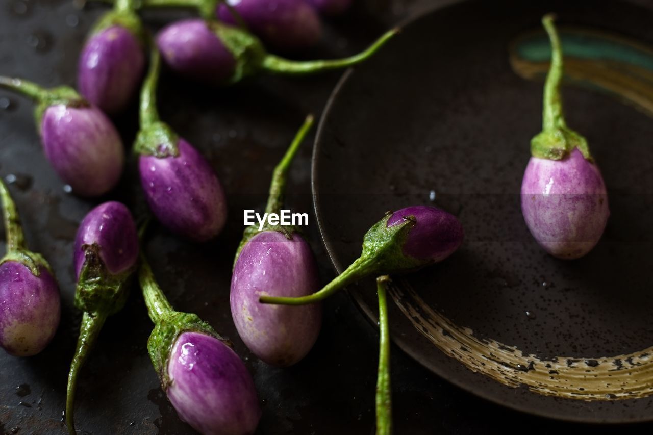 Close-up of eggplants on table