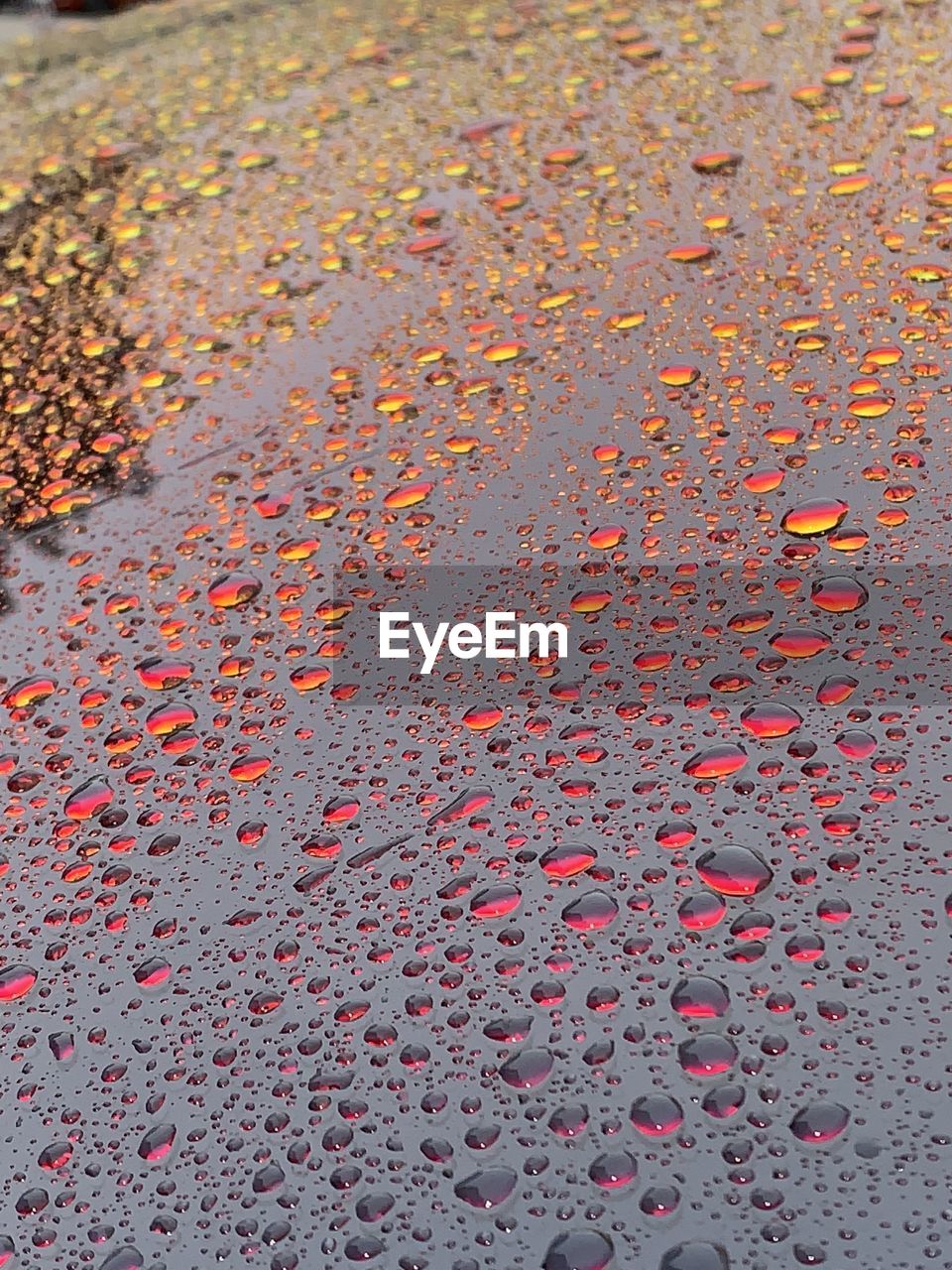 HIGH ANGLE VIEW OF RAINDROPS ON WET ROAD