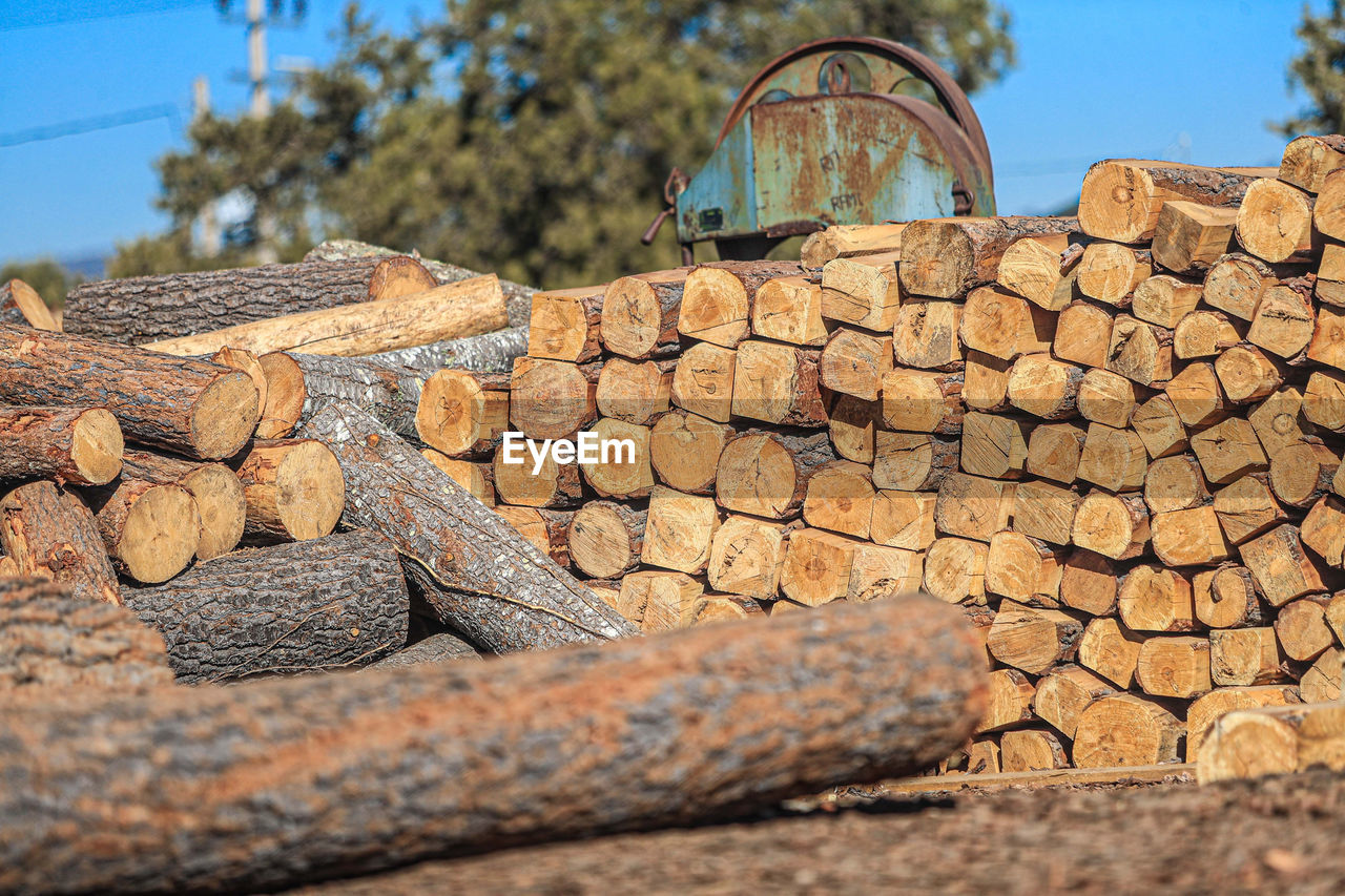 rock, wall, wood, soil, nature, tree, brick, stone wall, no people, large group of objects, day, sky, architecture, outdoors, timber, abundance, sunlight, log, industry, built structure