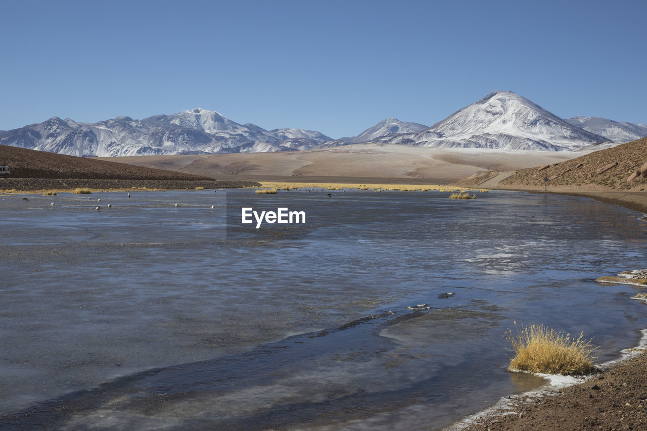 Highland lagoons next to geysers of "el tatio" at sunrise