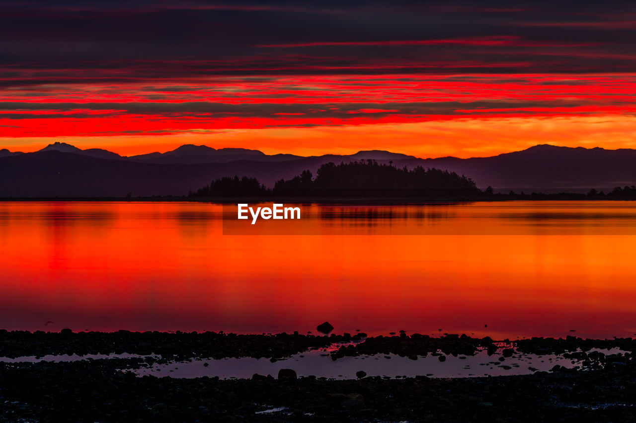 Scenic view of calm lake at sunset