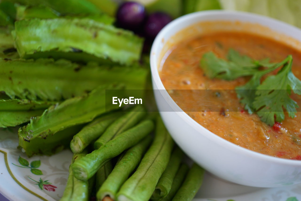 High angle view of soup in bowl