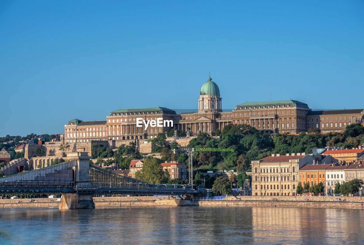 Budapest, hungary 18.08.2021. buda town architecture and danube river on a sunny summer morning