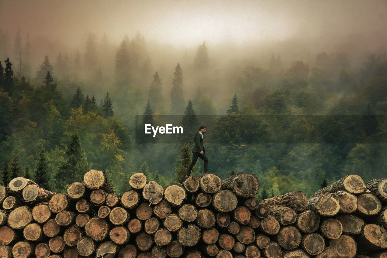 Side view of man walking on woodpile in forest during foggy weather