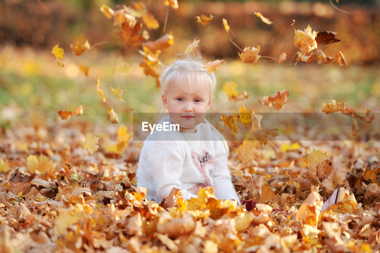 Portrait of cute girl sitting in park during autumn