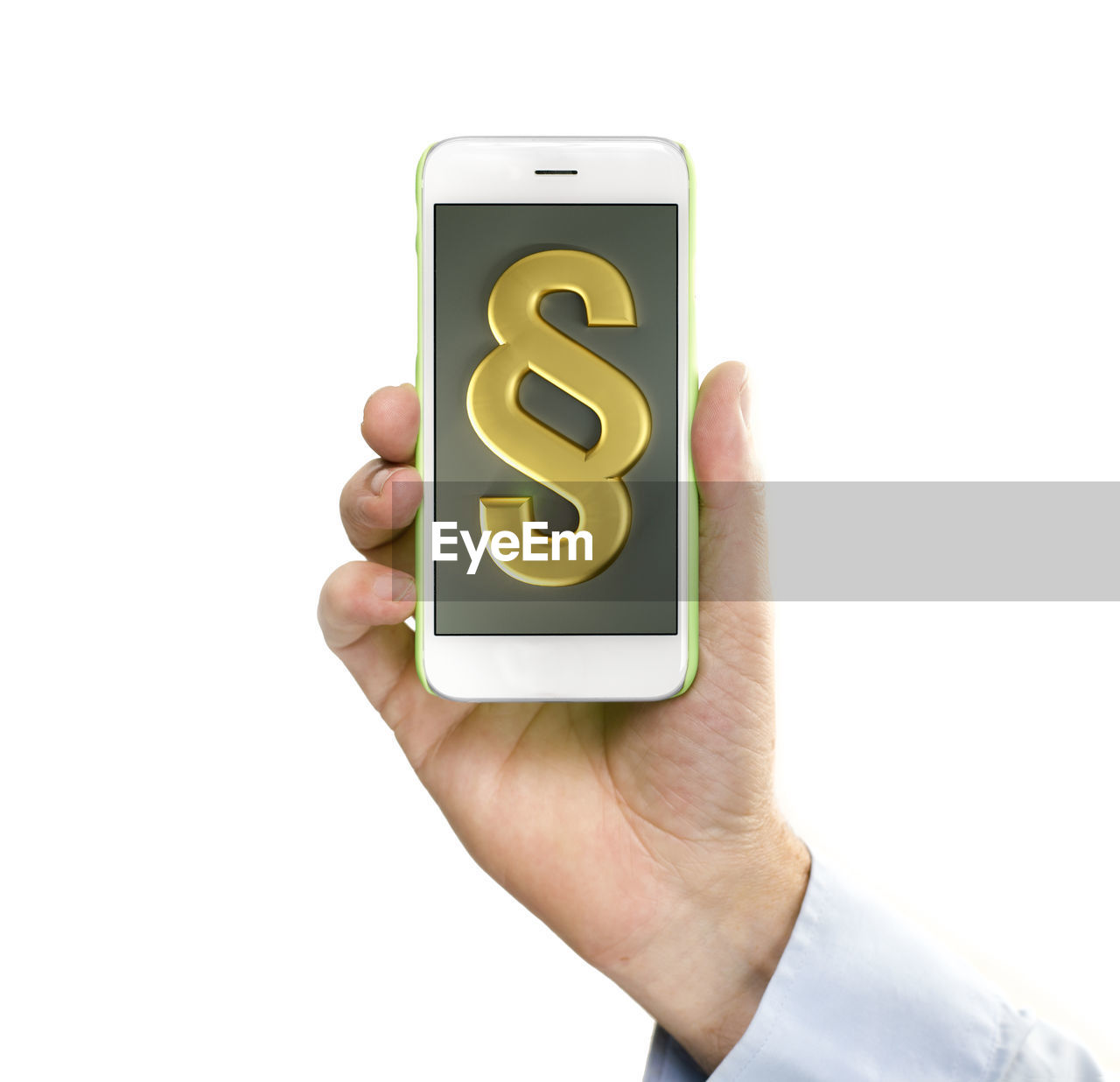 Cropped hand holding mobile phone with paragraph icon on display against white background