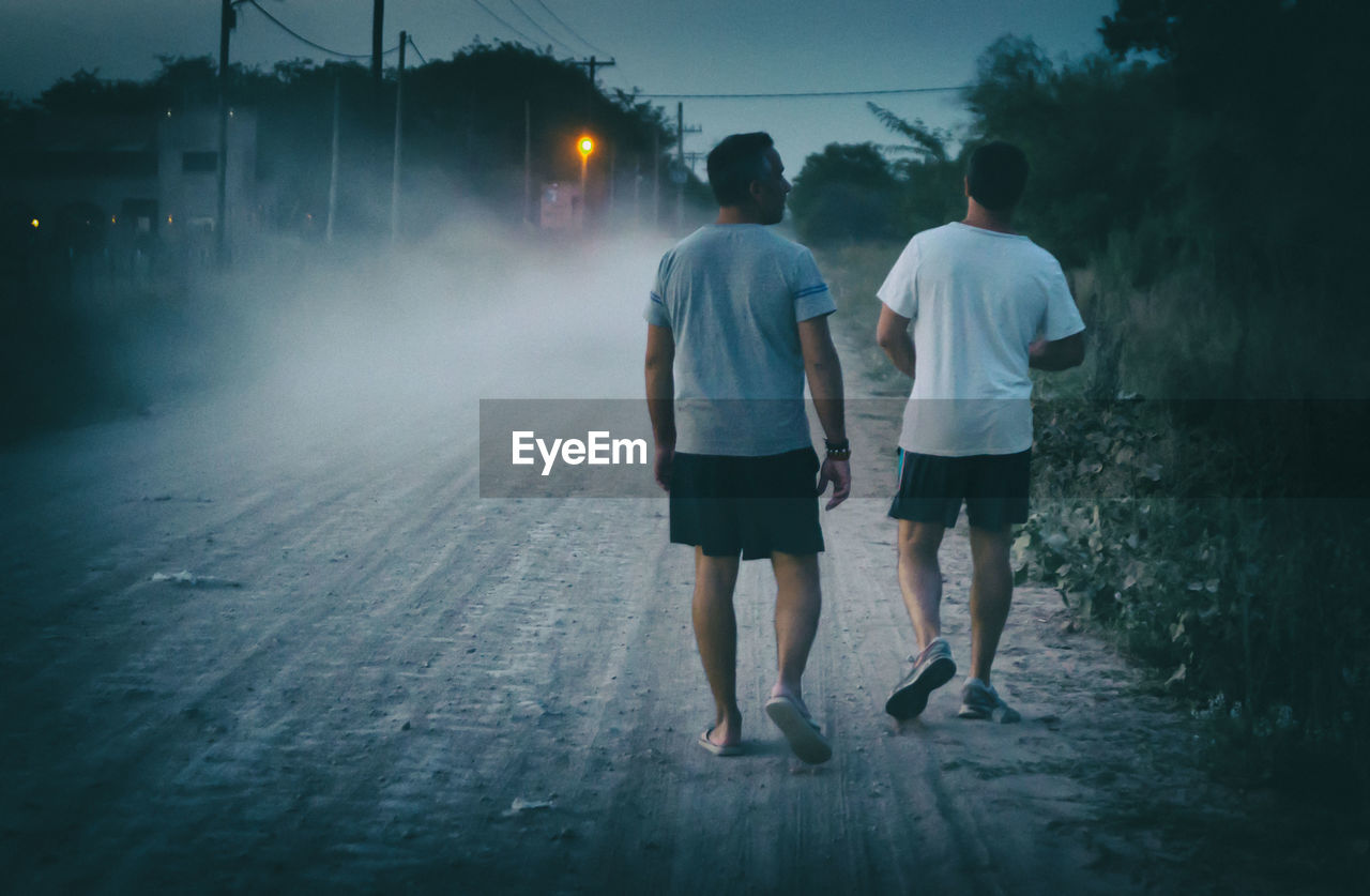 Rear view of friends walking on road in city