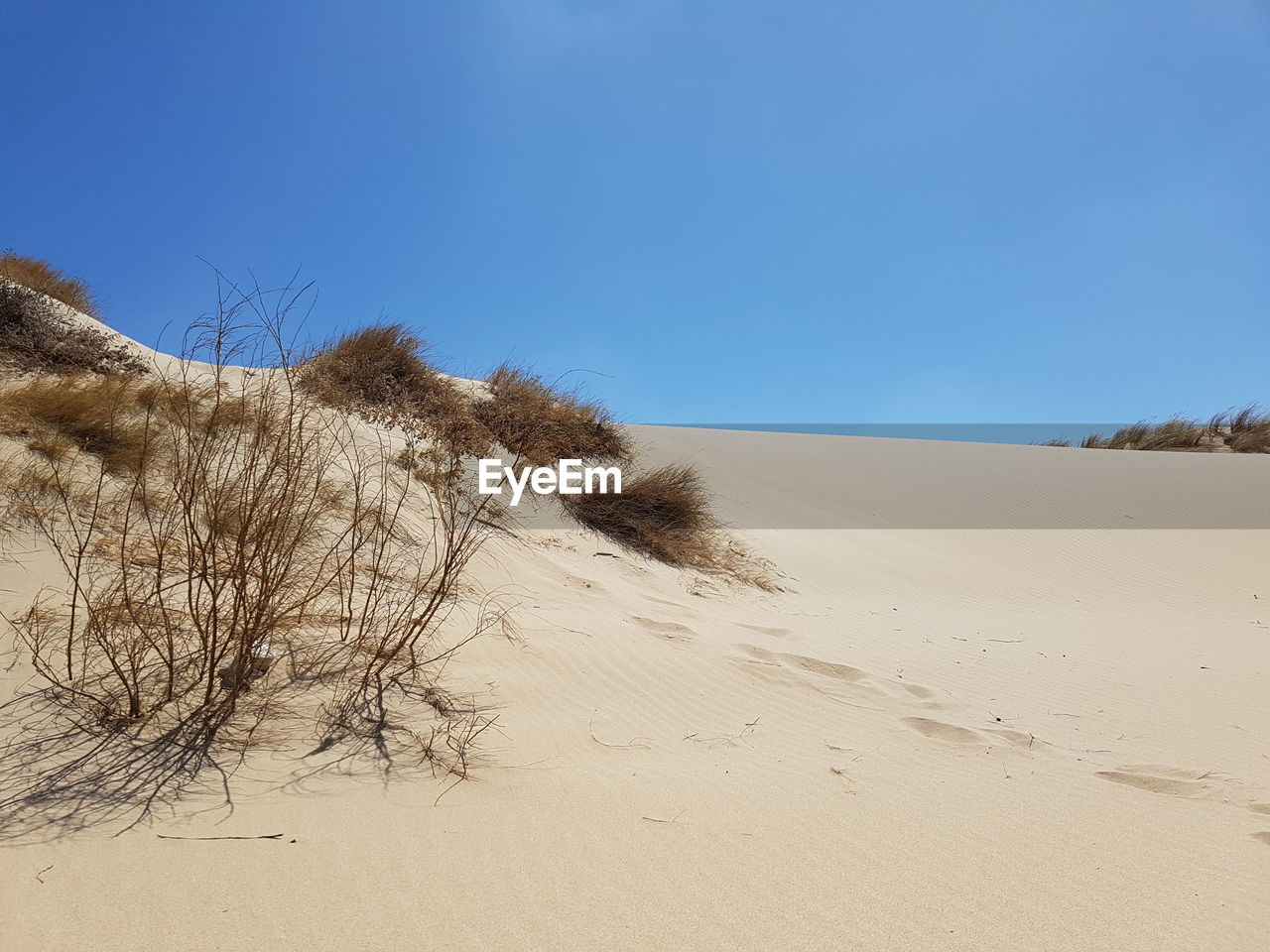 Scenic view of desert against clear blue sky