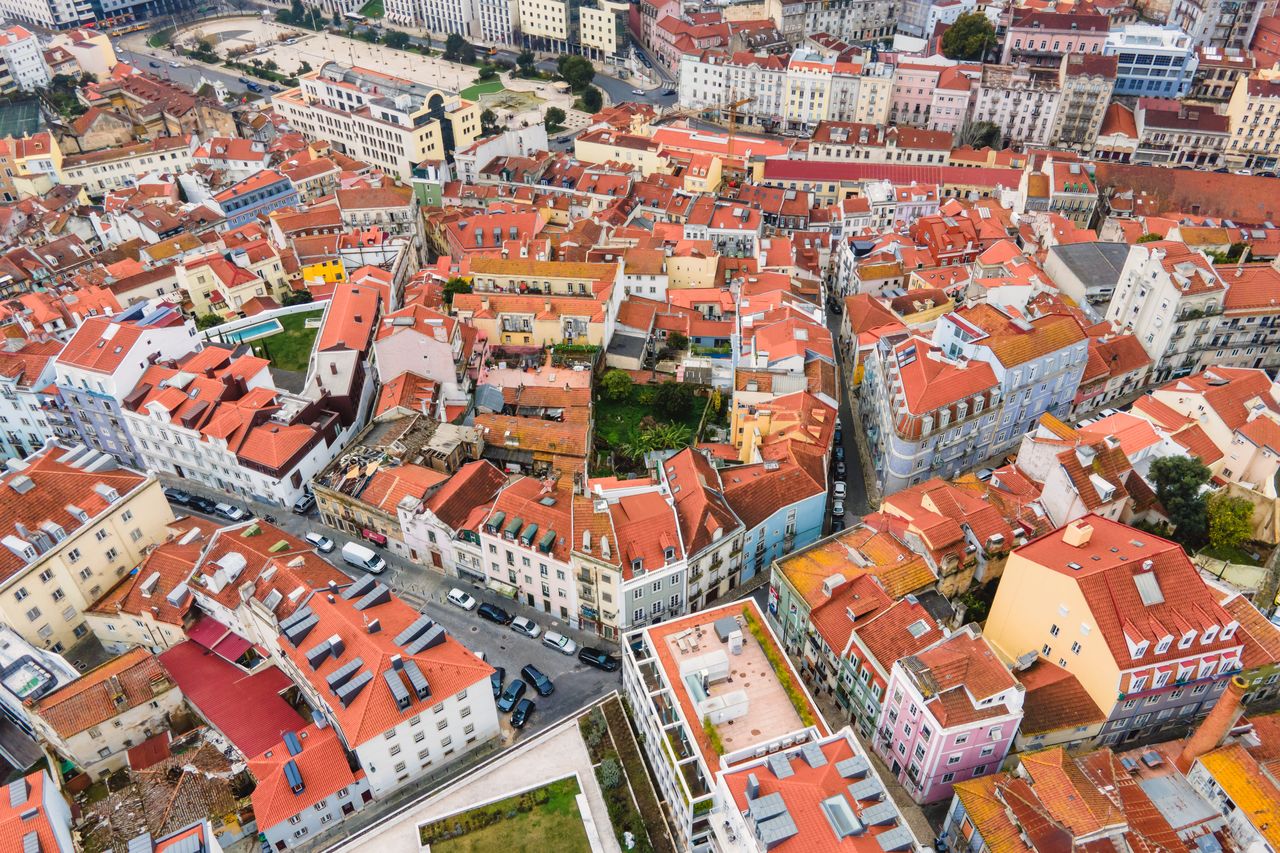 High angle view of houses in city