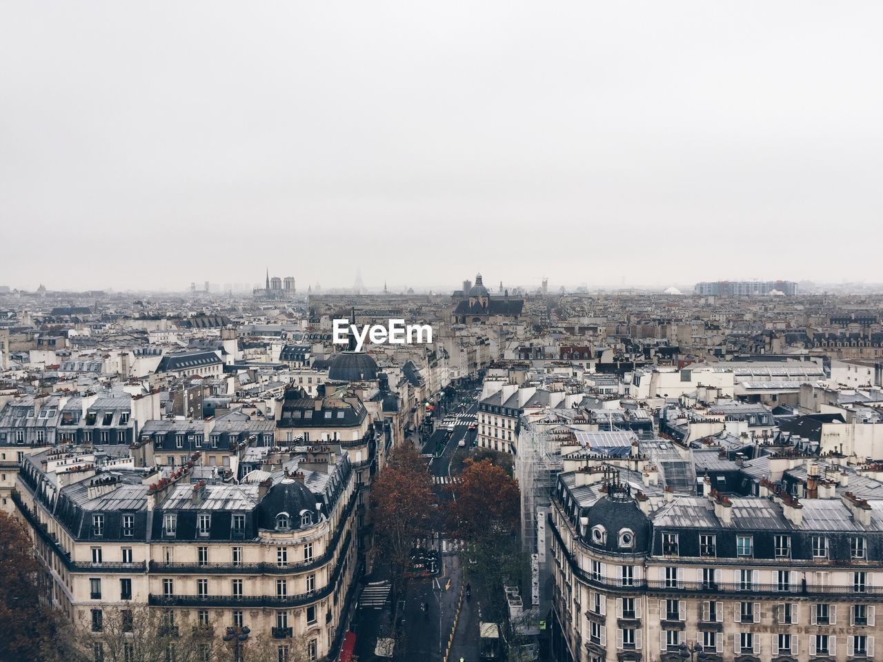 Aerial view of paris roofs and perspective, wintertime, streets and rooftops 