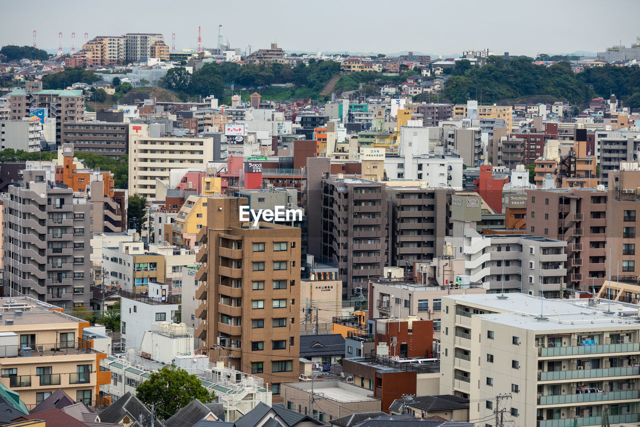 High angle view of townscape against sky in japan.