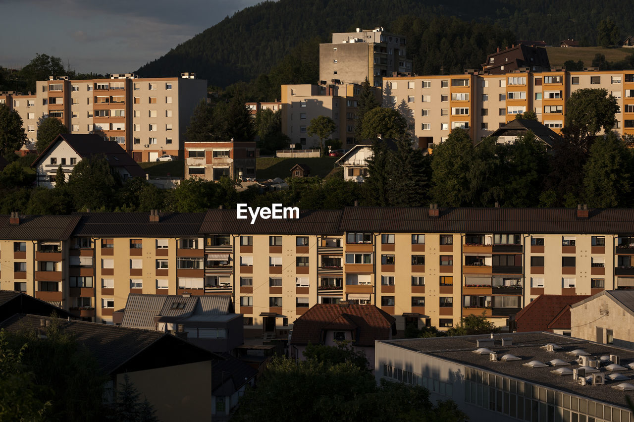 High angle view of buildings in city