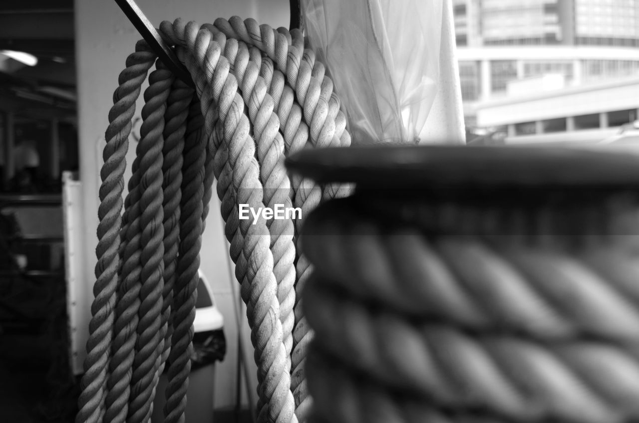 Close-up of ropes in ferry boat