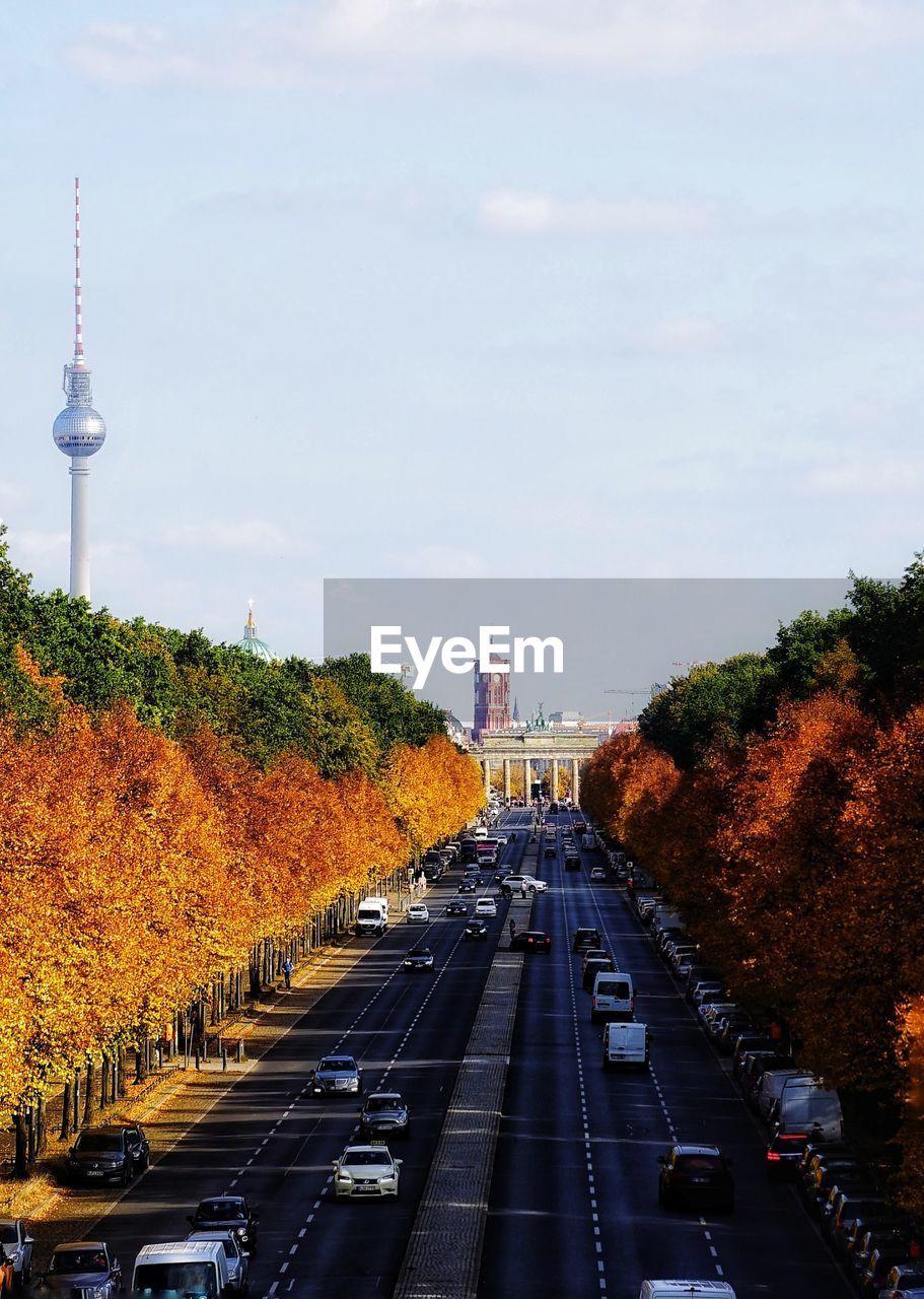 High angle view of cars on road amidst autumn trees against sky