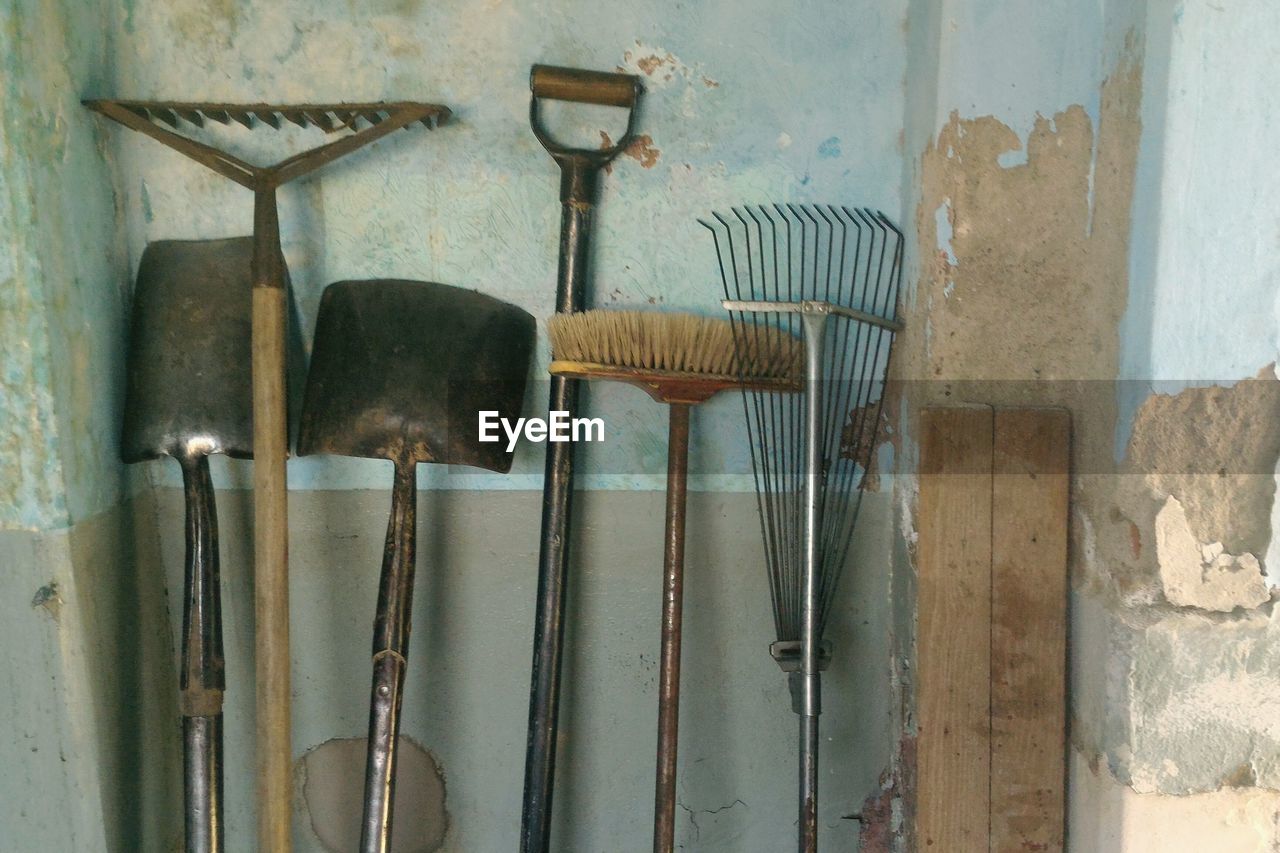 Close-up of rusty farm tools