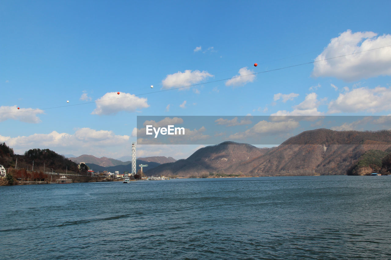 Autumn scenery of nami island in sunny day with skyline zip-wire, south korea