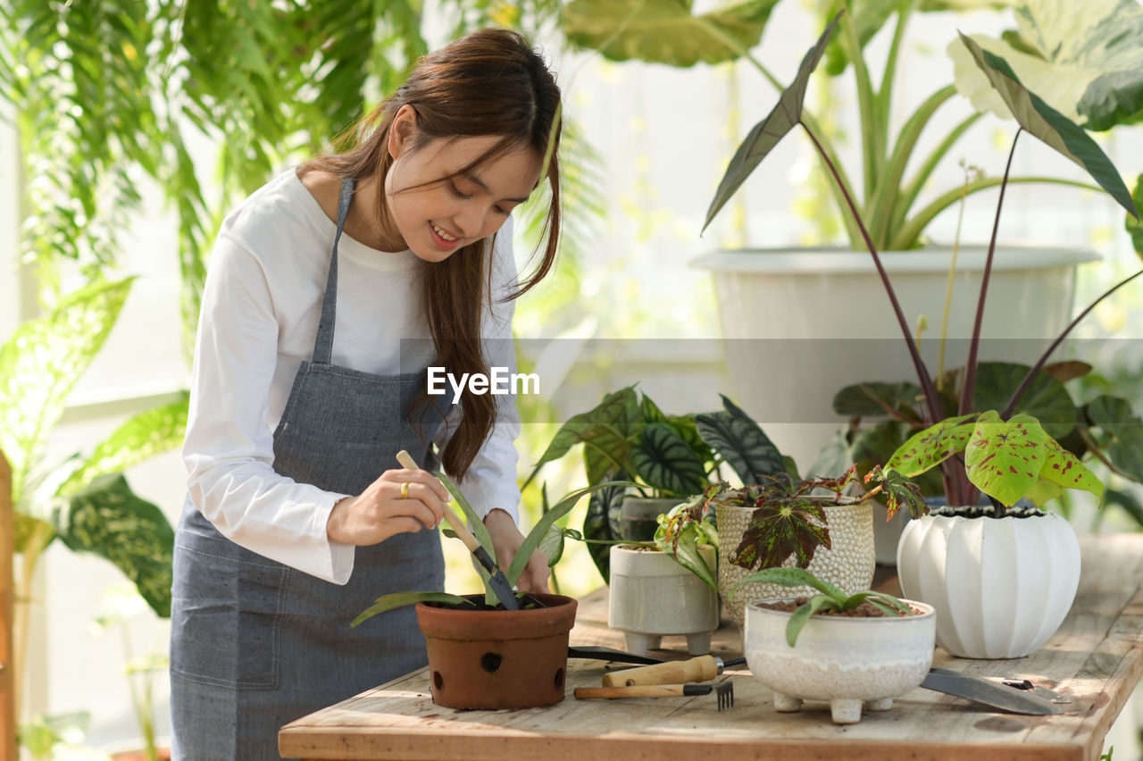 Young woman happily planting trees in the greenhouse.