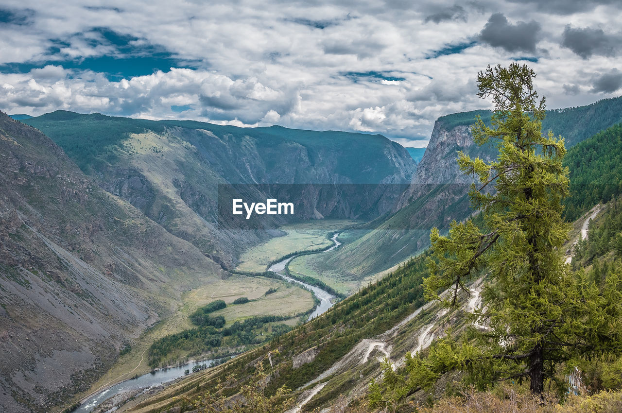 Scenic view of mountains against cloudy sky