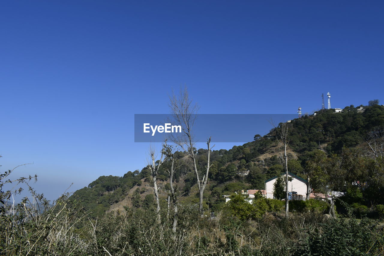 mountain, sky, plant, mountain range, tree, nature, blue, architecture, clear sky, land, built structure, landscape, no people, environment, building, scenics - nature, beauty in nature, building exterior, house, ridge, outdoors, travel destinations, wilderness, travel, tourism, non-urban scene, day, copy space, cloud, tranquility, sunny, forest, rural area, residential district