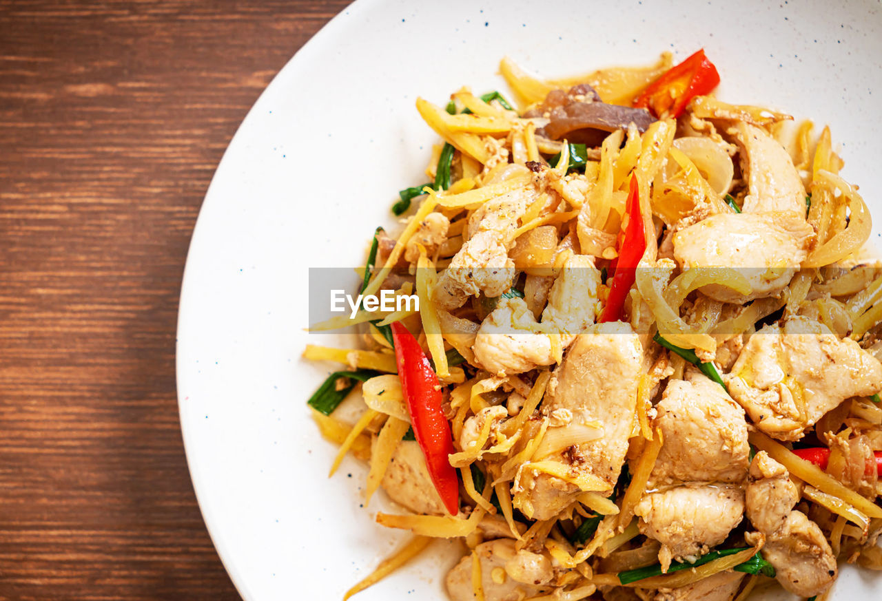 High angle view of food in plate on table