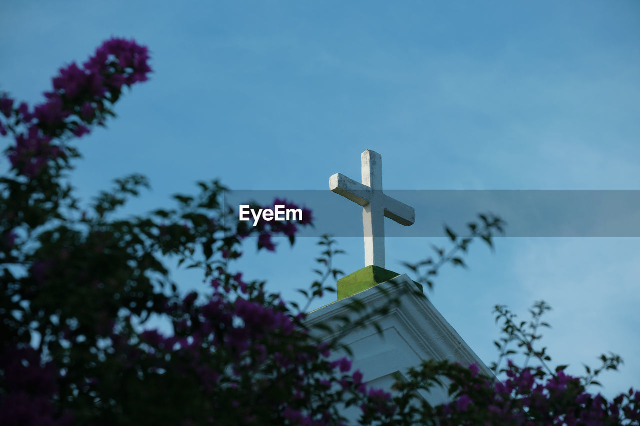 LOW ANGLE VIEW OF CROSS ON PURPLE FLOWERING PLANT AGAINST SKY