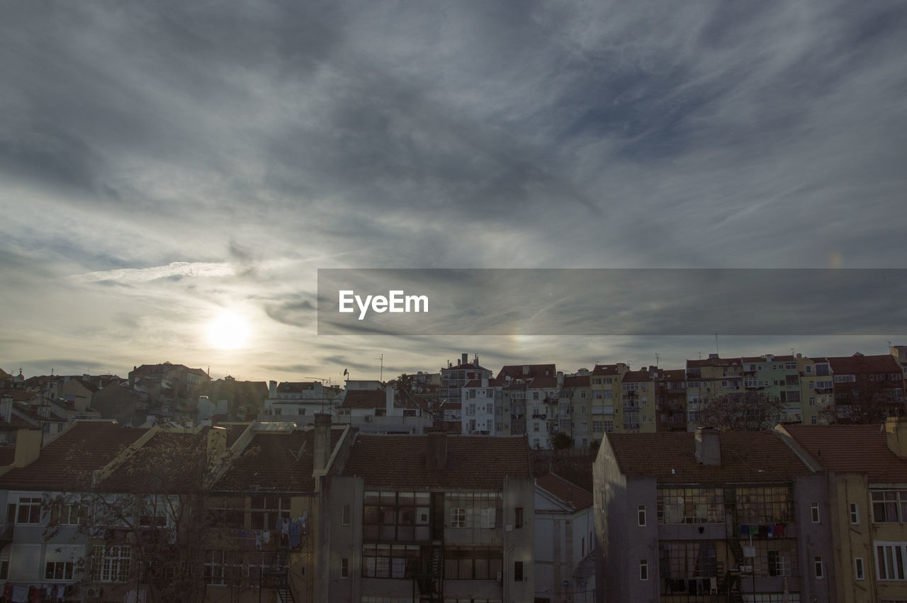 High angle view of buildings against sky