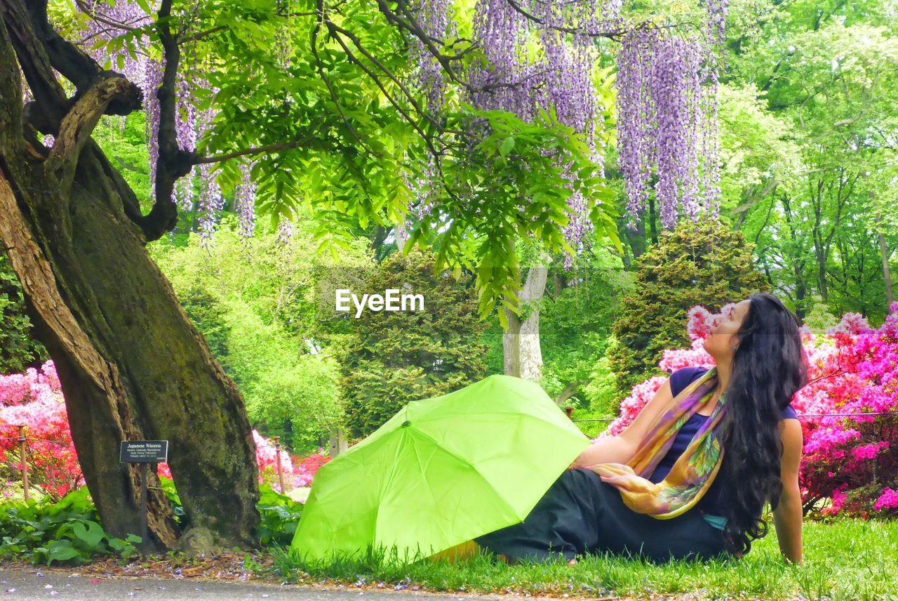 Side view of woman sitting on tree trunk against plants