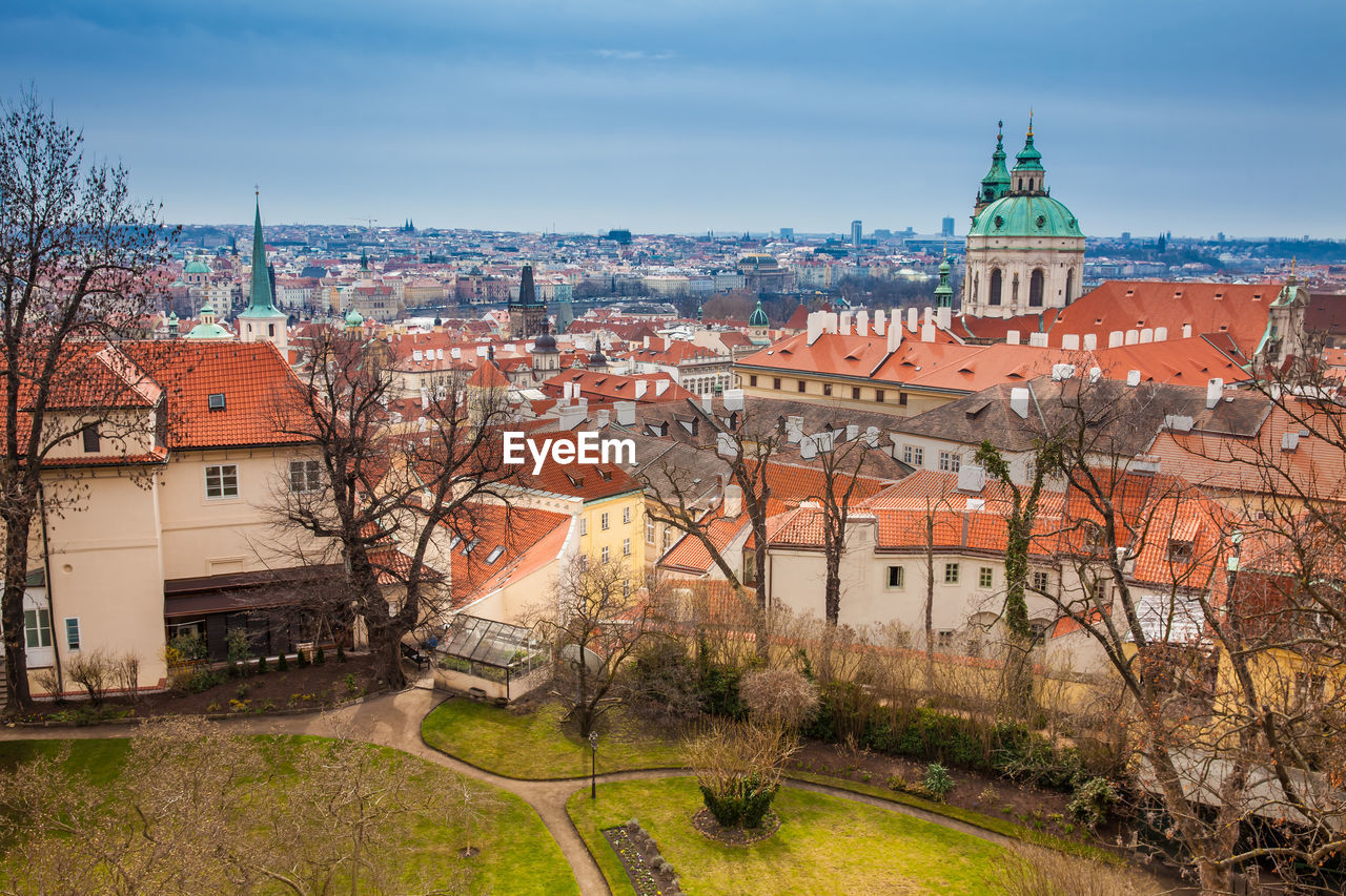 The beautiful prague city old town seen form the prague castle viewpoint in an early spring day