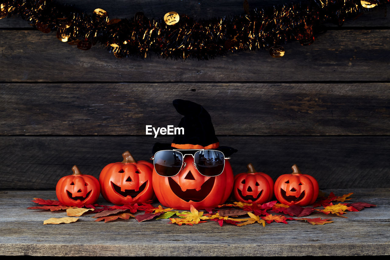 Close-up of jack o lanterns on table