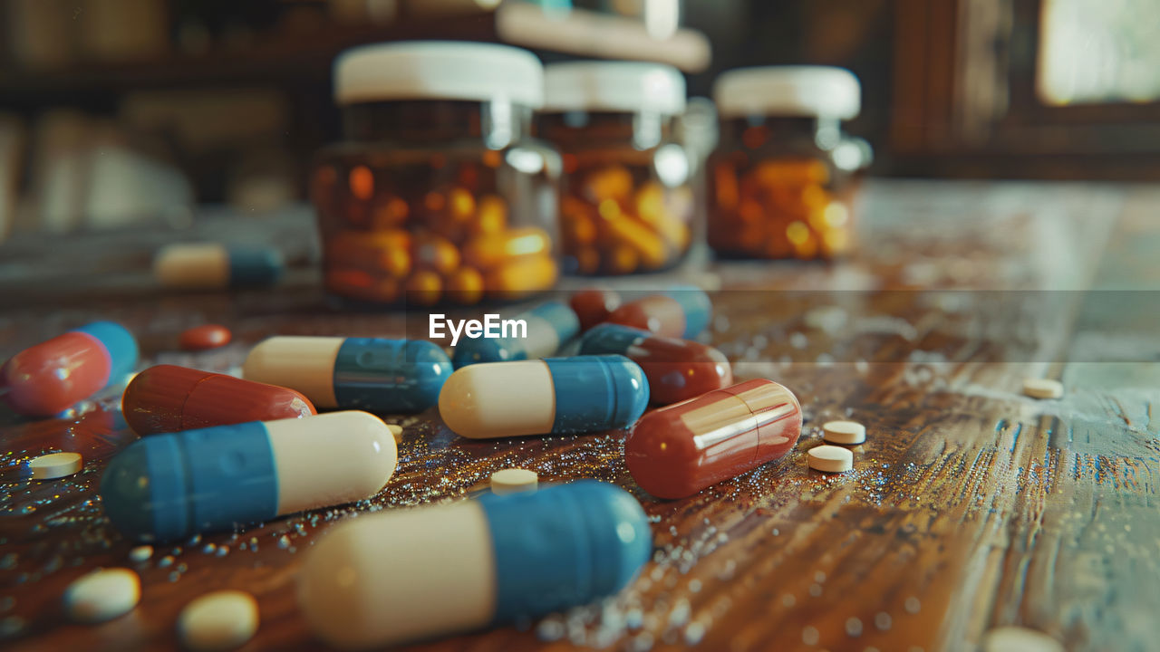 close-up of pills in bottles on table