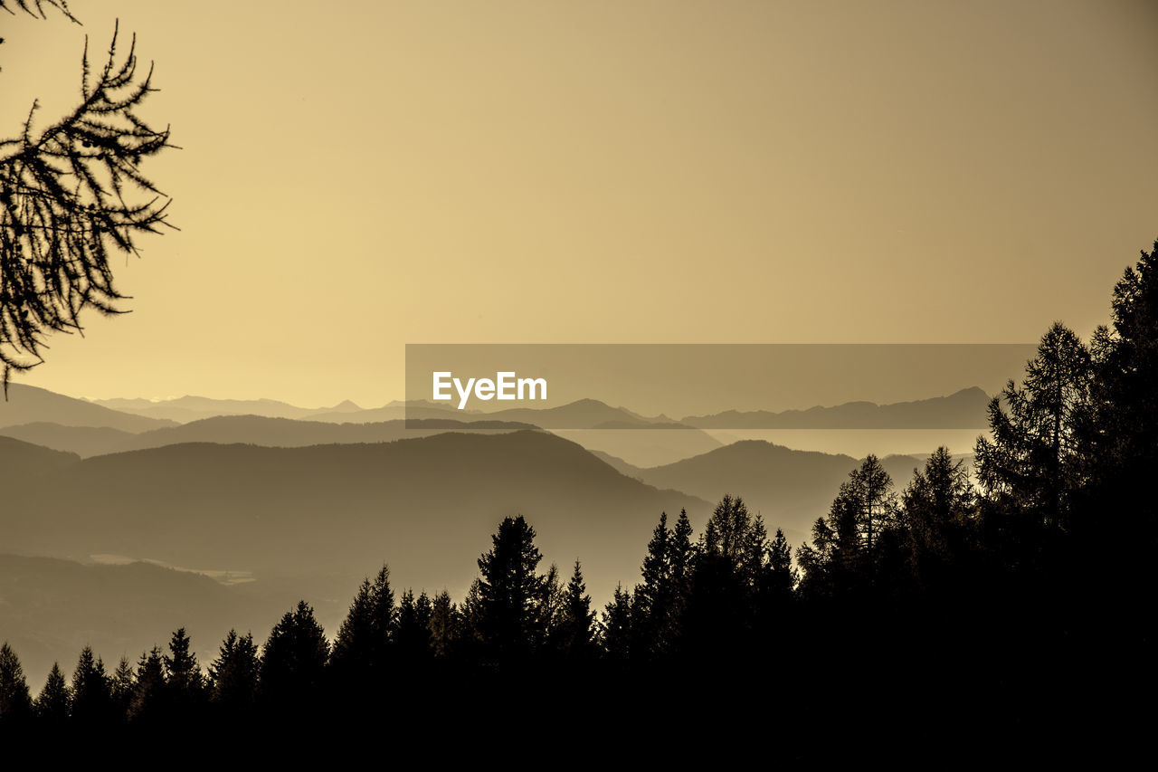 SILHOUETTE TREES AGAINST MOUNTAINS DURING SUNSET