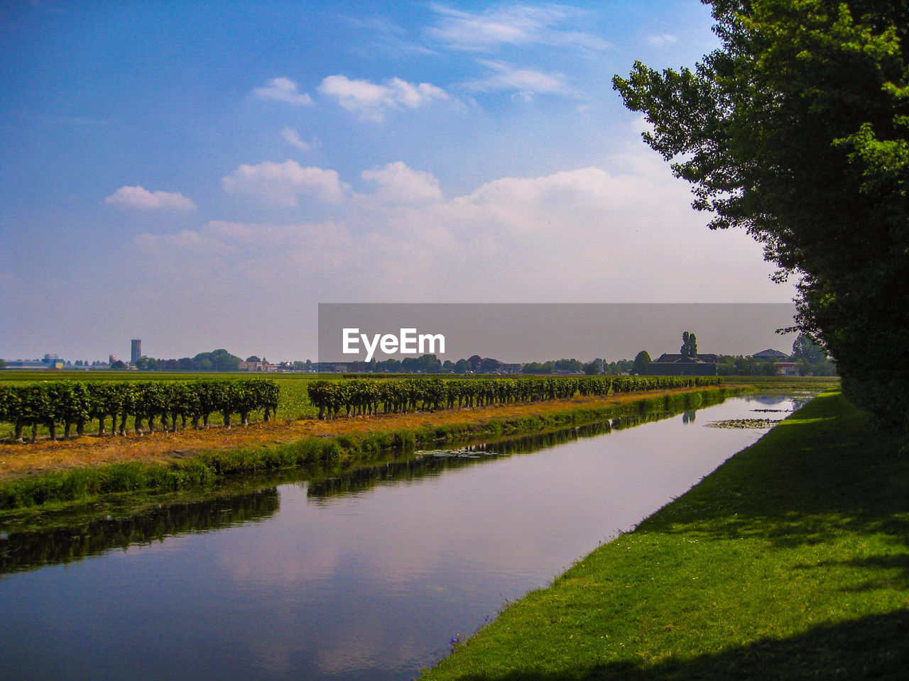Netherlands countryside scene, with a canal and reflections on water.