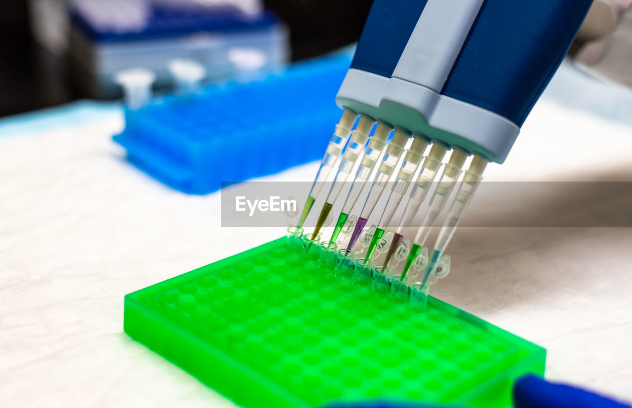 Close-up of laboratory equipment at desk