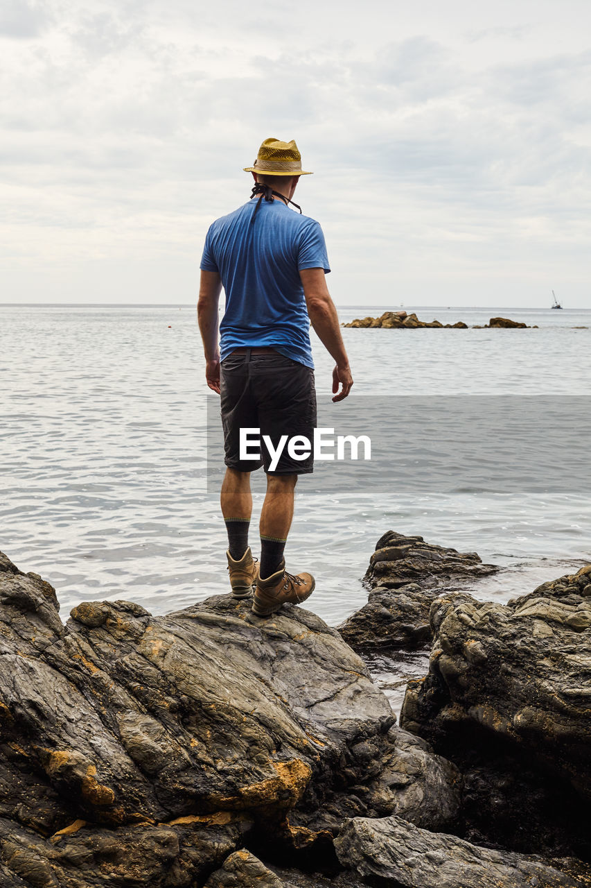 REAR VIEW OF MAN STANDING ON ROCKS BY SEA AGAINST SKY