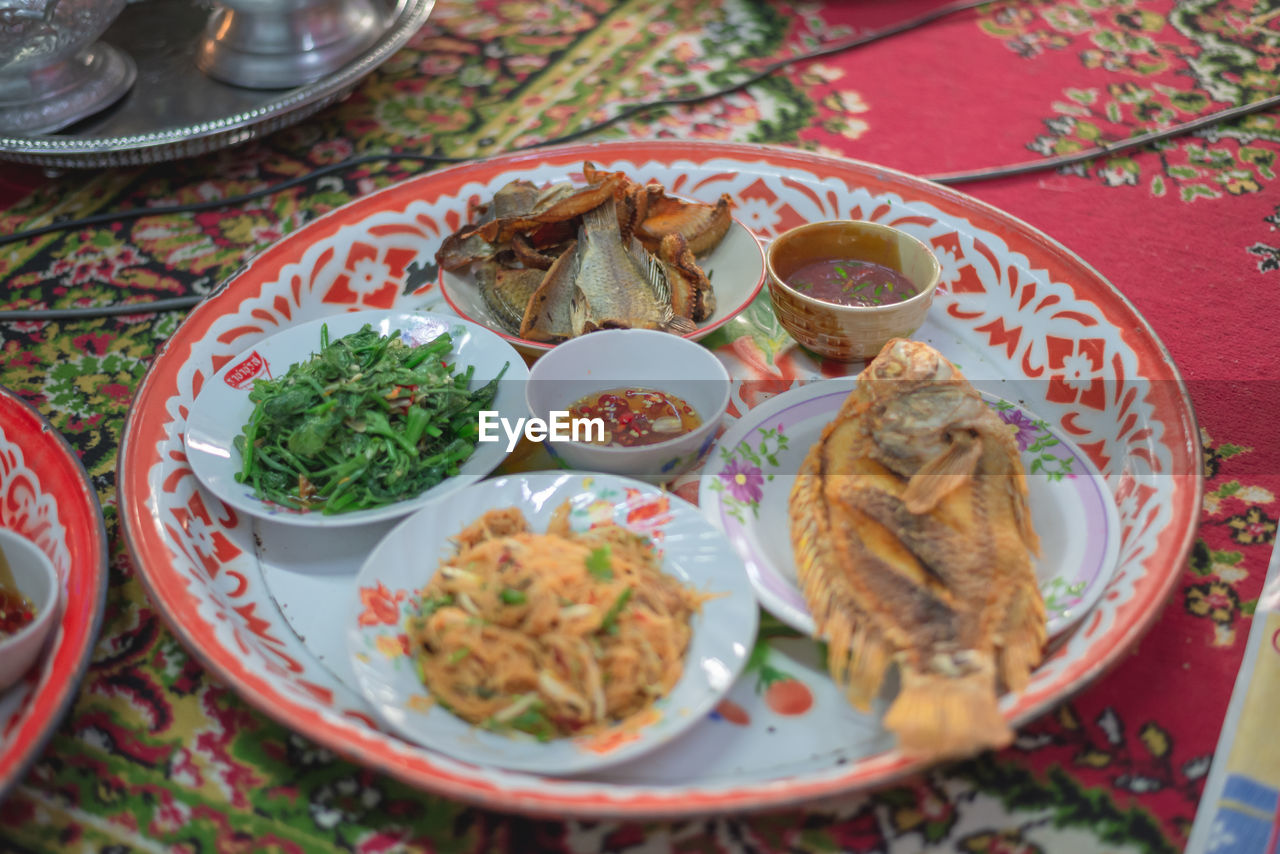 High angle view of meal served on table