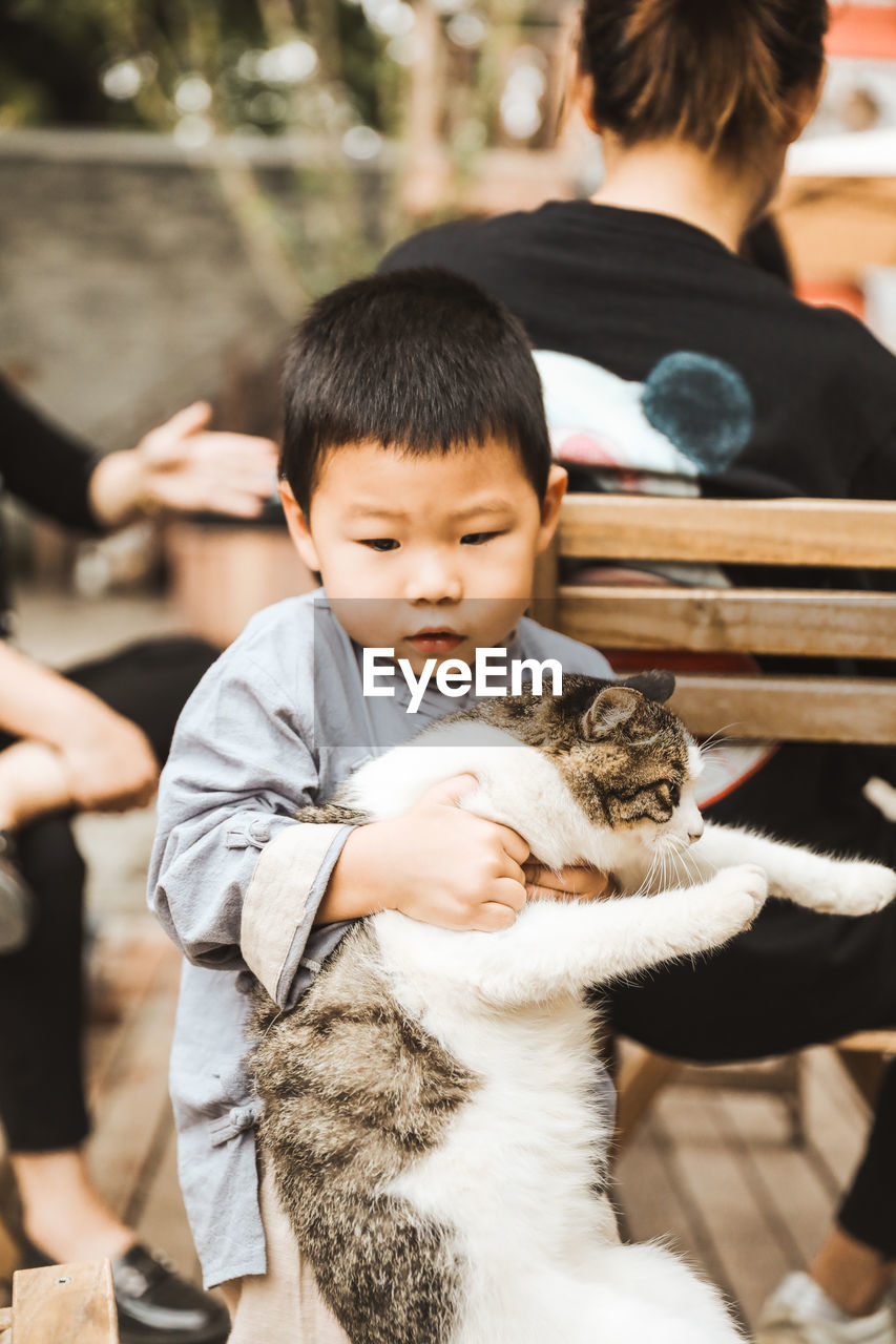 Cute boy with cat sitting on bench outdoors