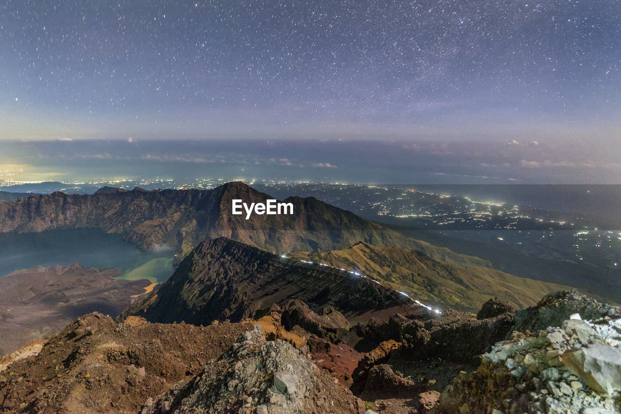 Blue hour at summit mount rinjani, indonesia 