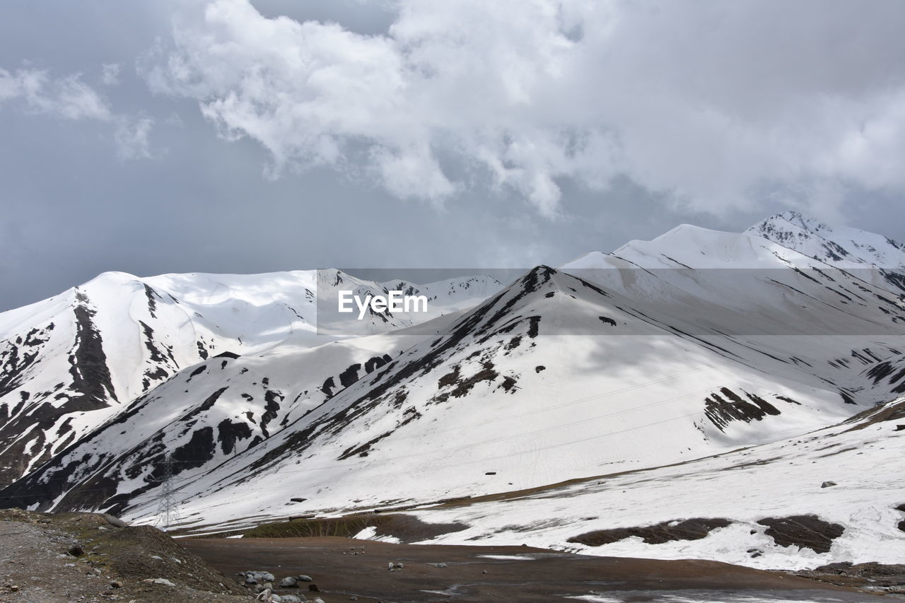 Scenic view of snow covered mountains against sky