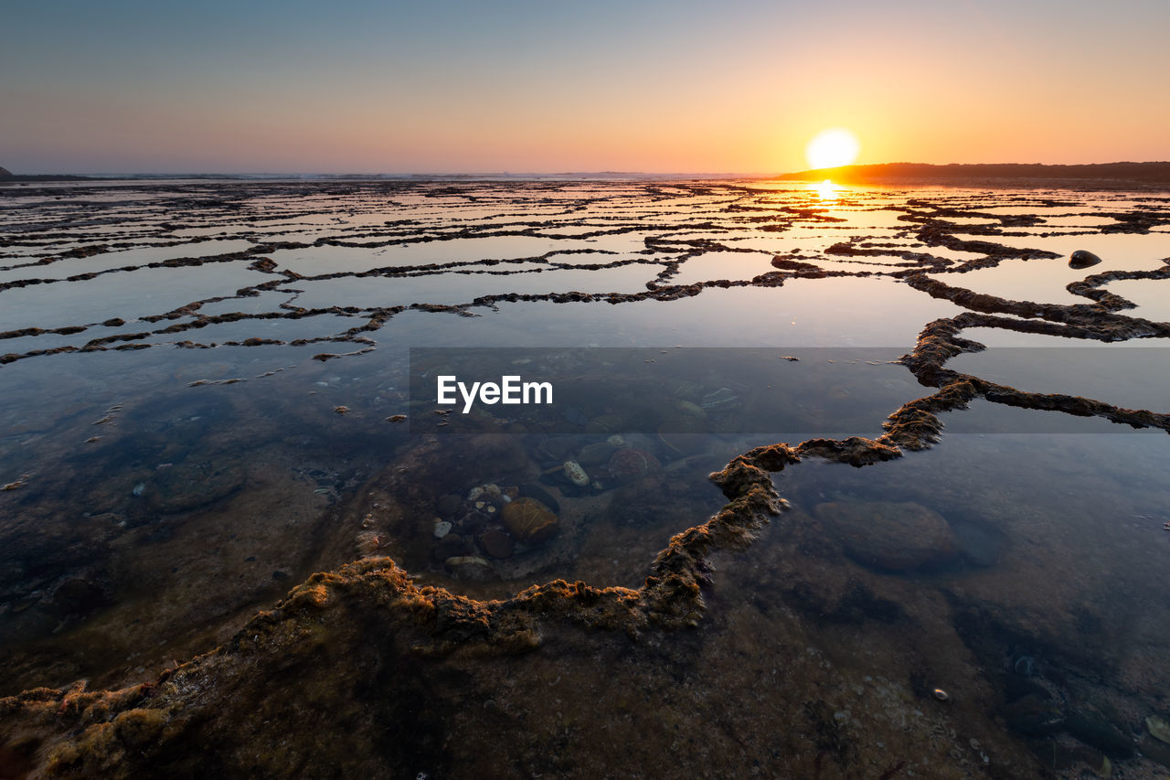 SCENIC VIEW OF BEACH AGAINST SKY DURING SUNSET