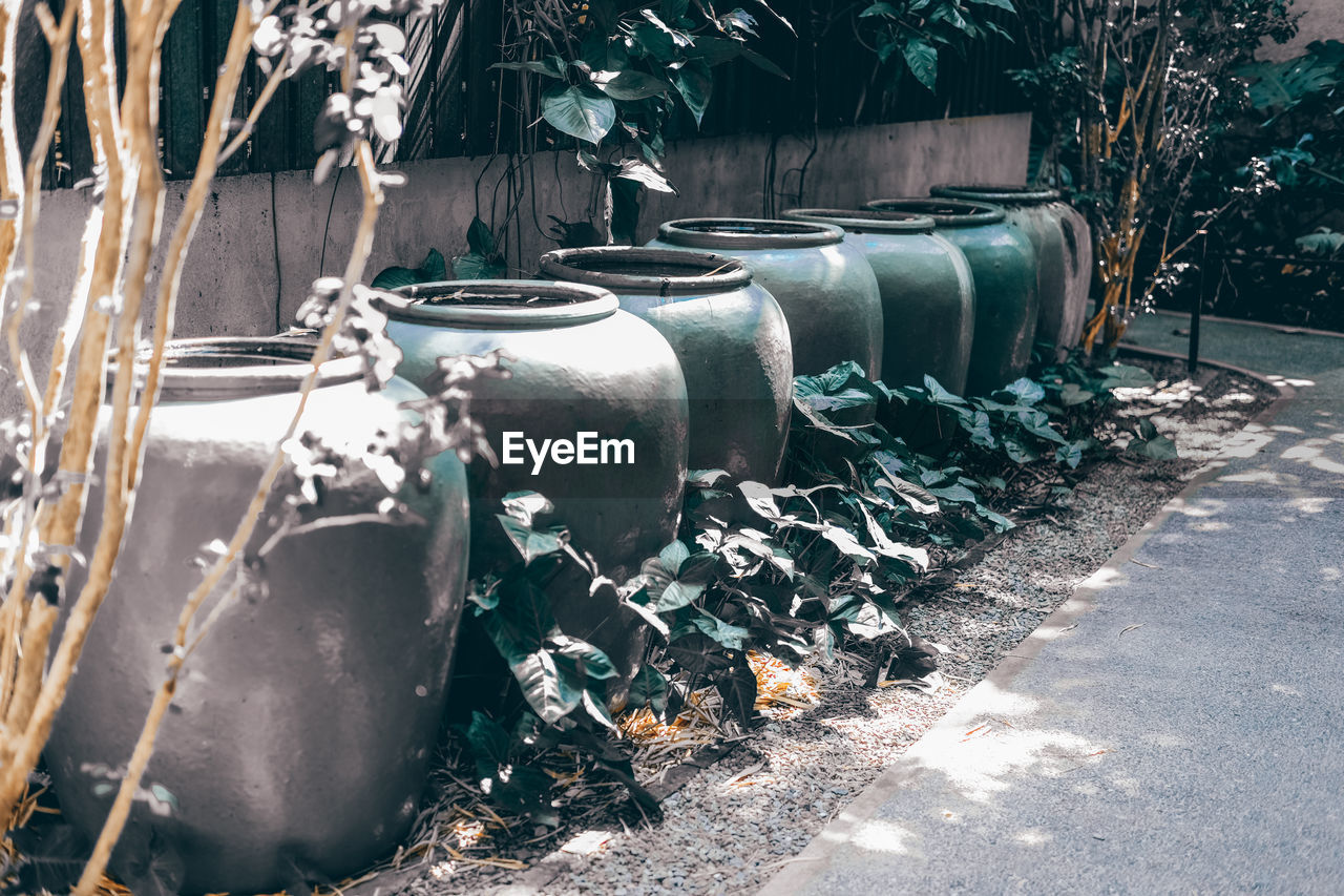 Containers in row by plants outdoors