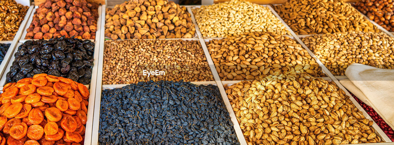 high angle view of spices for sale at market stall