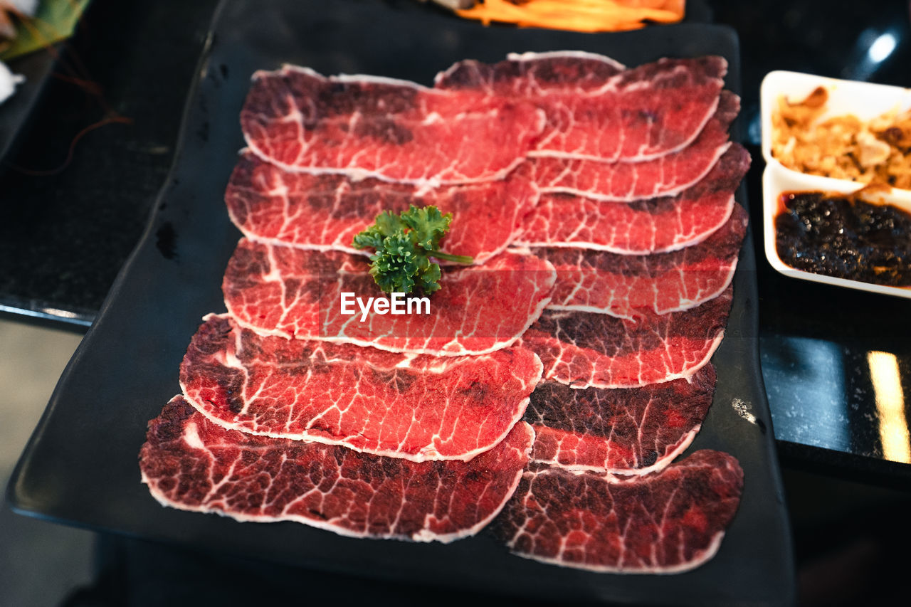 High angle view of food on table in restaurant