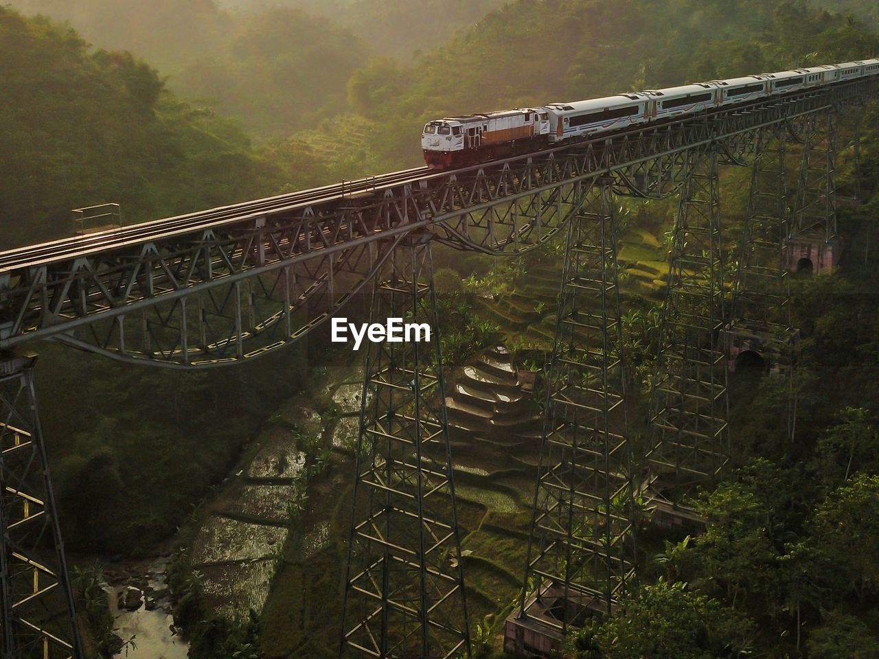 High angle view of train on bridge
