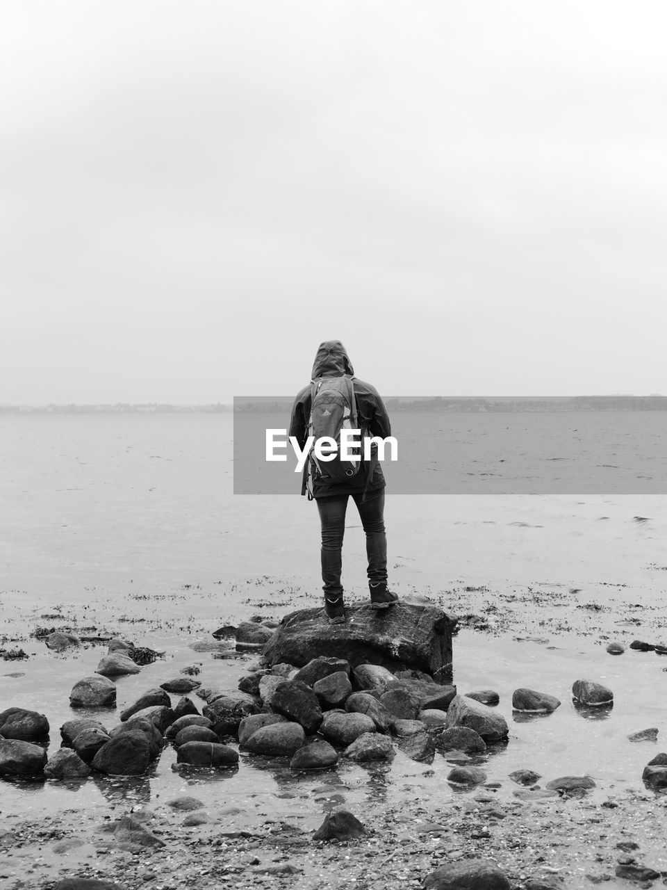 Rear view of person standing on rock by sea against sky