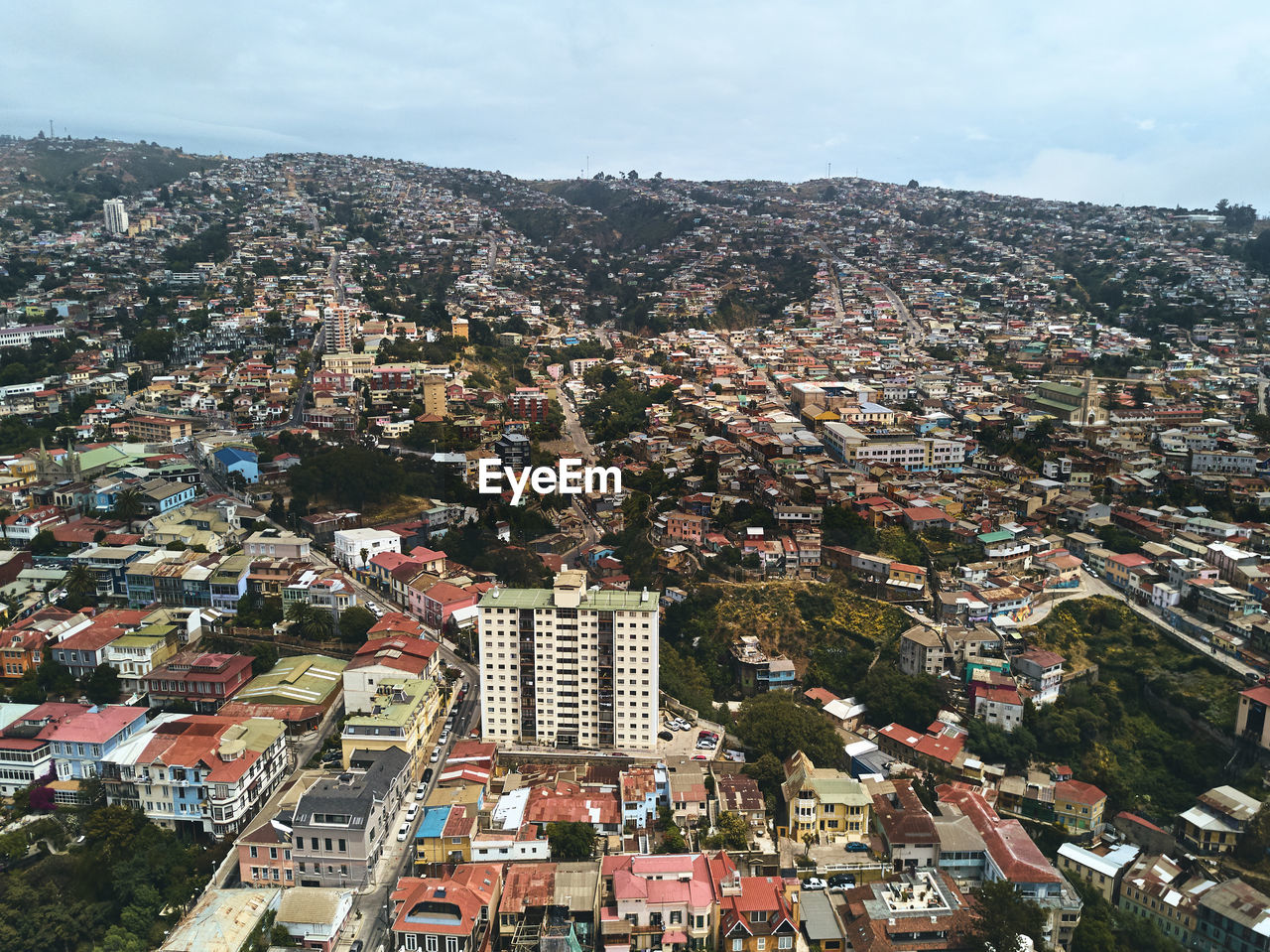 High angle view of santiago city against sky