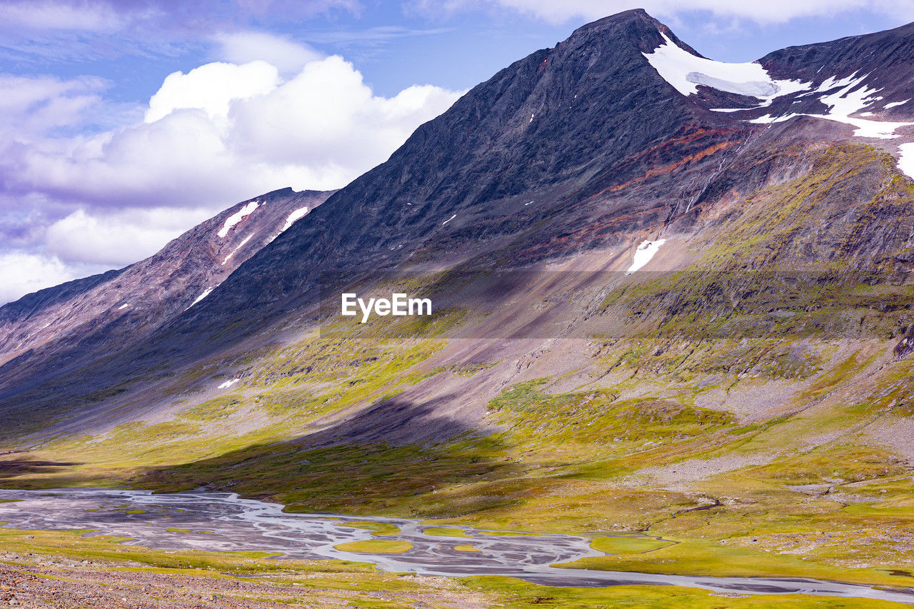 A beautiful summer landscape of sarek national park with river. wild scenery of northern europe.
