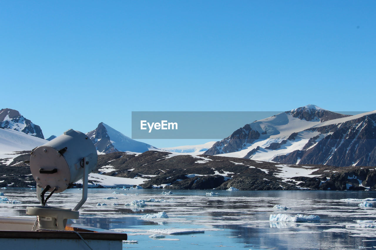 Scenic view of snowcapped mountains against clear sky