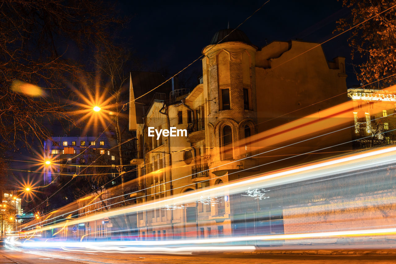 Light trails on road in central moscow at night