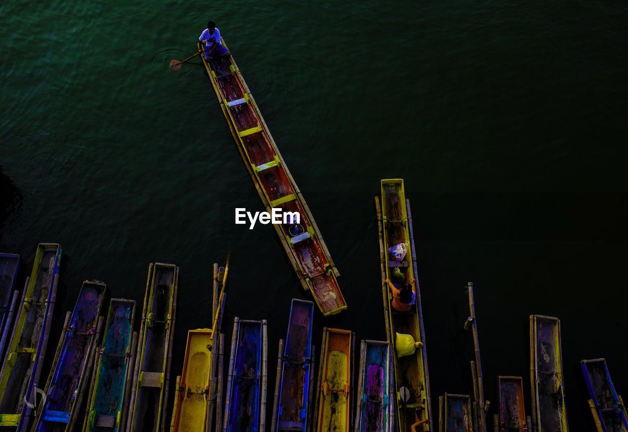 High angle view of boats in lake