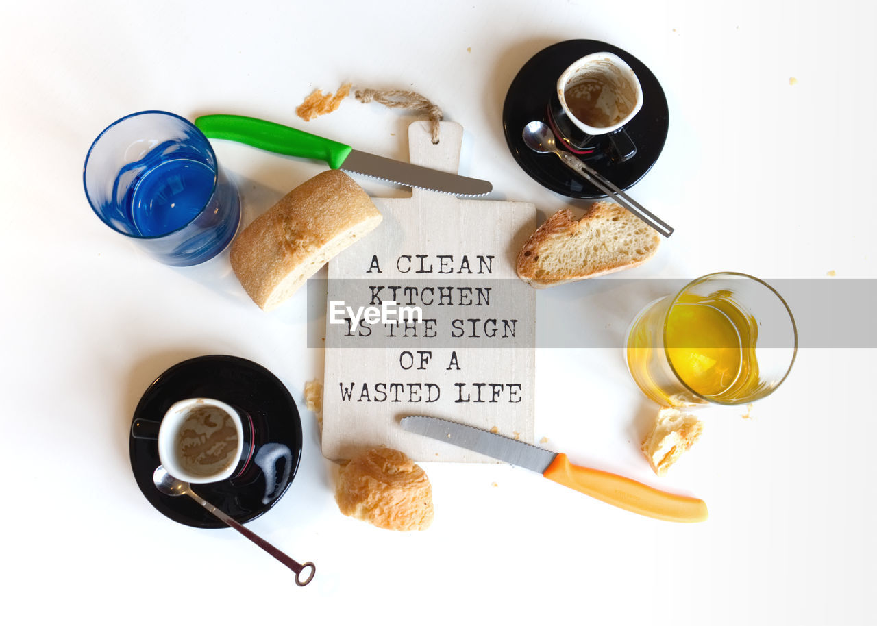 HIGH ANGLE VIEW OF BREAKFAST WITH COFFEE AND SPOON ON TABLE